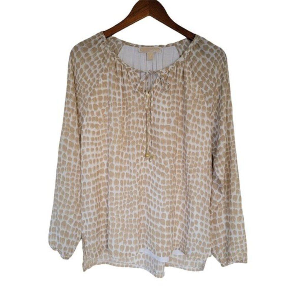 Michael Kors Animal Print Blouse Long Sleeve Sheer Beige Tan Women Size 12